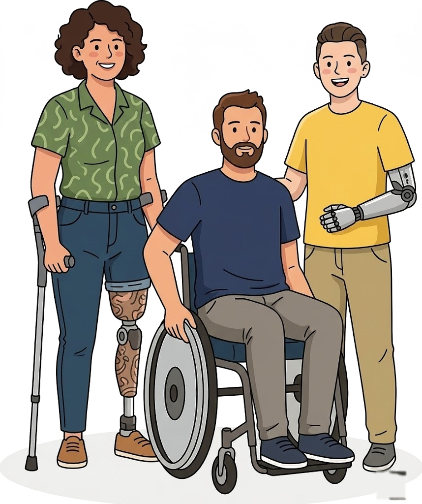Three smiling people: a woman with a prosthetic leg, a man in a wheelchair, and a man with a prosthetic arm.